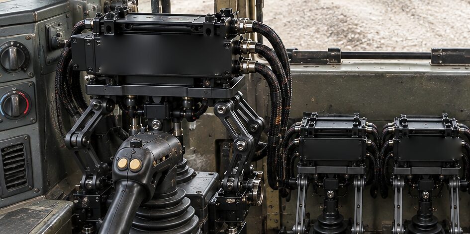 Close on the CDNS Autonomy unit in an excavator cab: the sealed module on its mount with the braided lines leaving it, articulated arms reaching down to the machine's own joystick, and the two smaller pedal modules beside it, the haul road through the glass above.