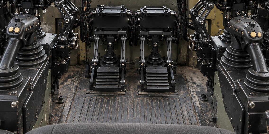 An excavator cab with a CDNS Autonomy unit on both of the machine's joysticks and both of its pedals at once, the seat behind them empty.