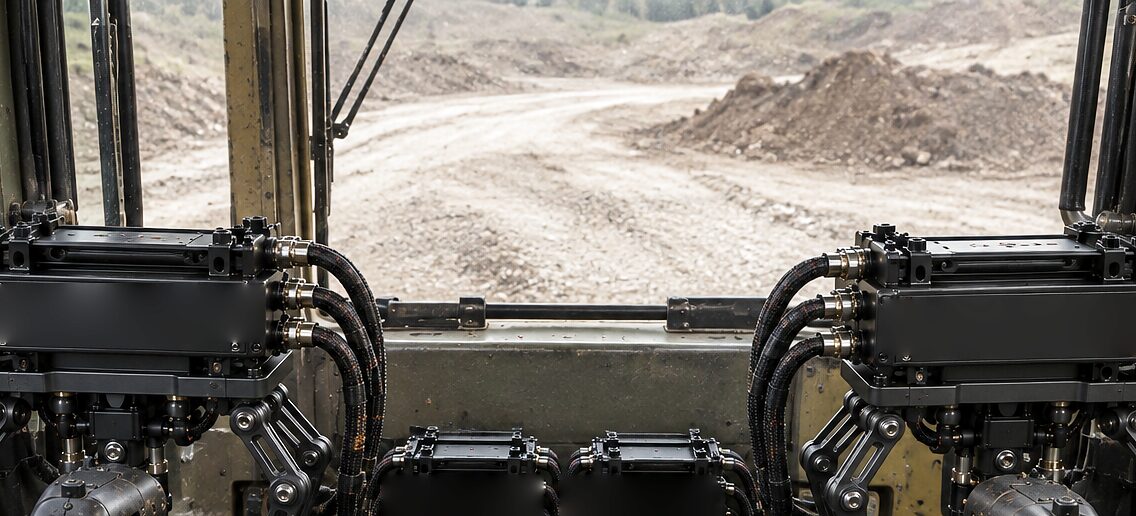 The ground ahead through an excavator's windscreen: a haul road climbing between cut banks of earth, the tops of the unit's modules below the glass.