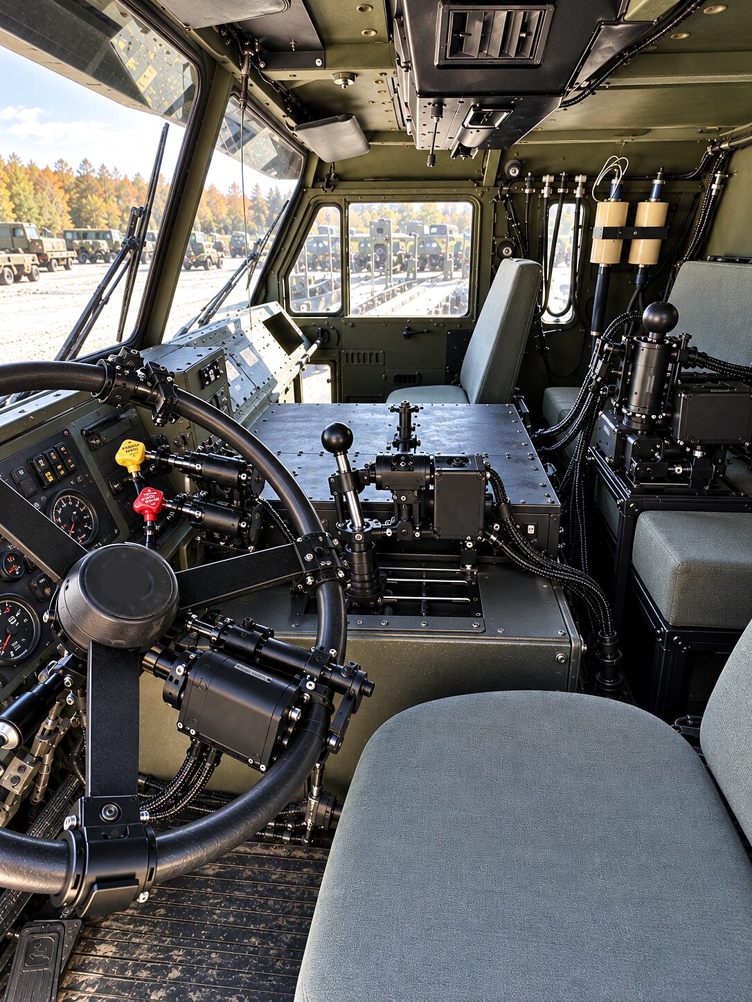 The CDNS Autonomy unit in a military truck cab: a hub module at the centre of the steering wheel, actuators on the dash's yellow and red push-pull knobs and on the tunnel lever, the crew seats behind and a row of trucks in the yard beyond the windscreen.