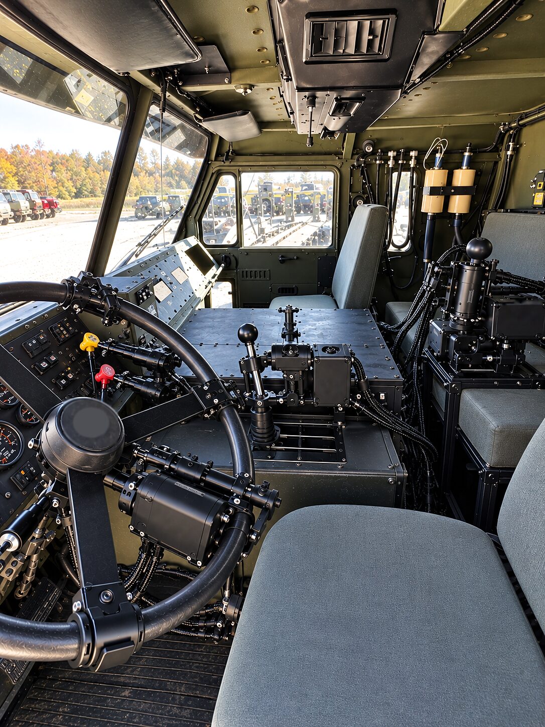 The unit fitted to a military truck cab, seen from the driver's door: the wheel actuator, the lever actuators and the modules on the tunnel.