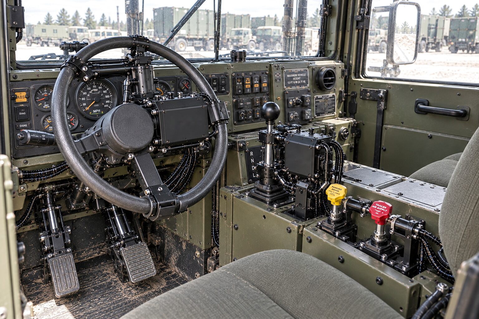 The CDNS Autonomy unit fitted in a military truck cab: one module on the steering wheel, one on the shifter, actuators on the pedals, the dash and its own switches untouched, a row of trucks in the yard beyond the windscreen.
