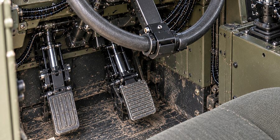 Two pedal actuators standing on a truck's own pedals under the steering wheel, braided lines along the bulkhead, the driver's seat beside them empty.