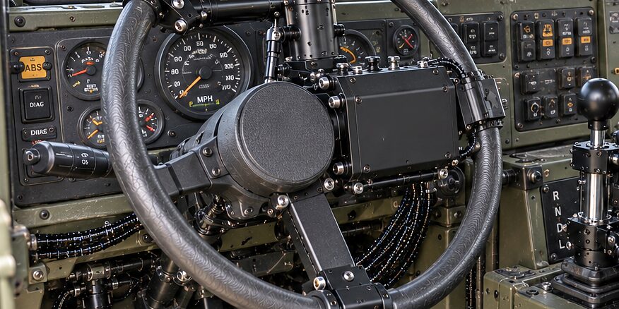 The CDNS Autonomy unit's hub module on a truck's steering wheel, its arms out to the rim, the truck's own instrument cluster and switch panel behind it untouched.