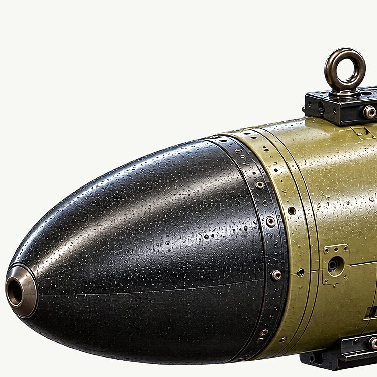 The forward end of the CS-310 on a clear ground: the moulded nose dome, its bolted joint to the olive mid-body and a lifting eye on the top rail.