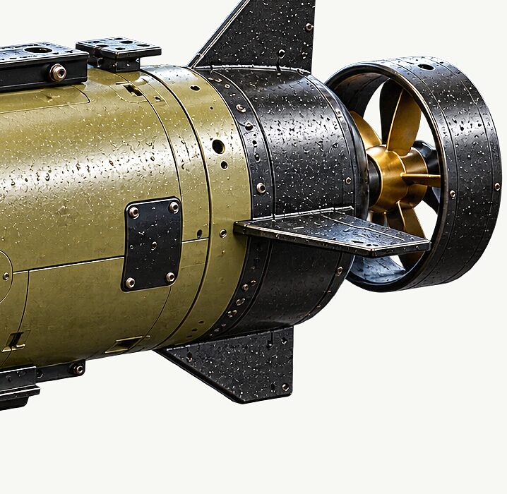 The stern of the CS-310 on a clear ground: the bolted tail joint, the cruciform stern planes around the tail cone and the shrouded propeller in its duct.