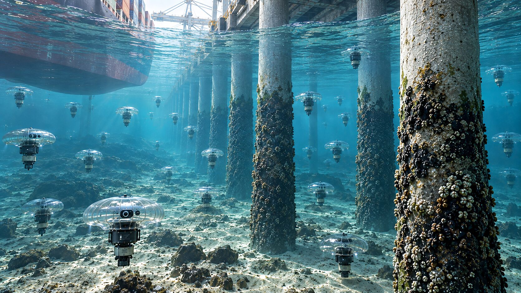 Under a container berth, looking along a row of concrete piles crusted with growth: CS-320s holding station among the columns at every depth, one close in over a rocky seabed, and the hull of a container ship alongside at the upper left.