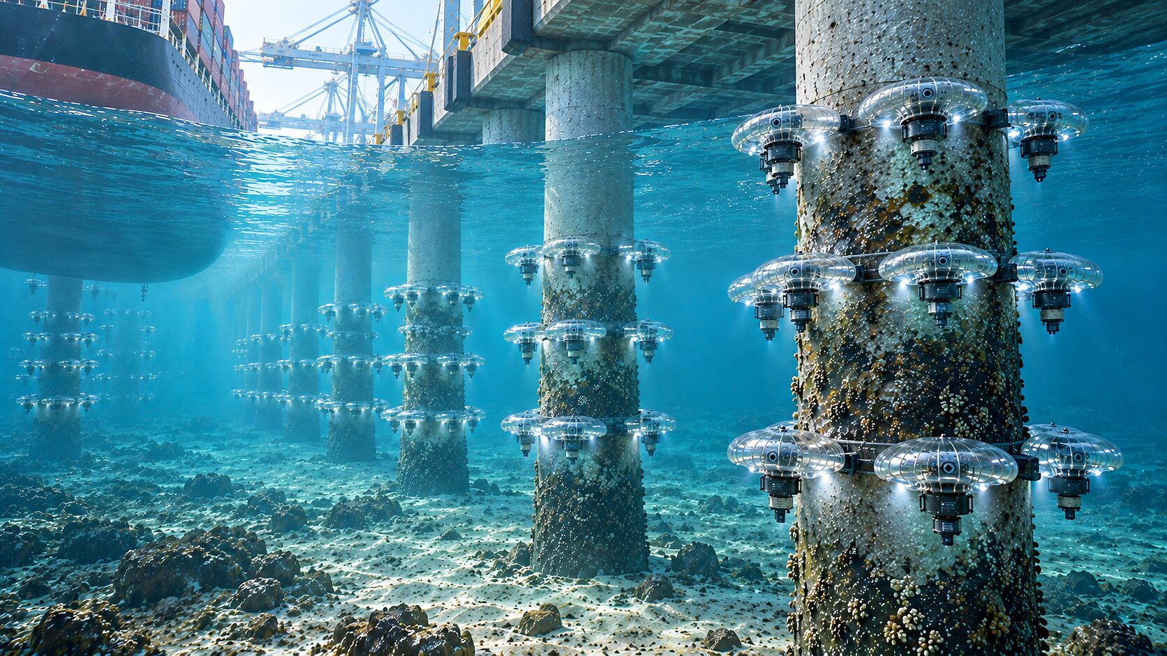 CS-320s ringed around a piled column under a pier, close in, with more columns and more machines running away behind.