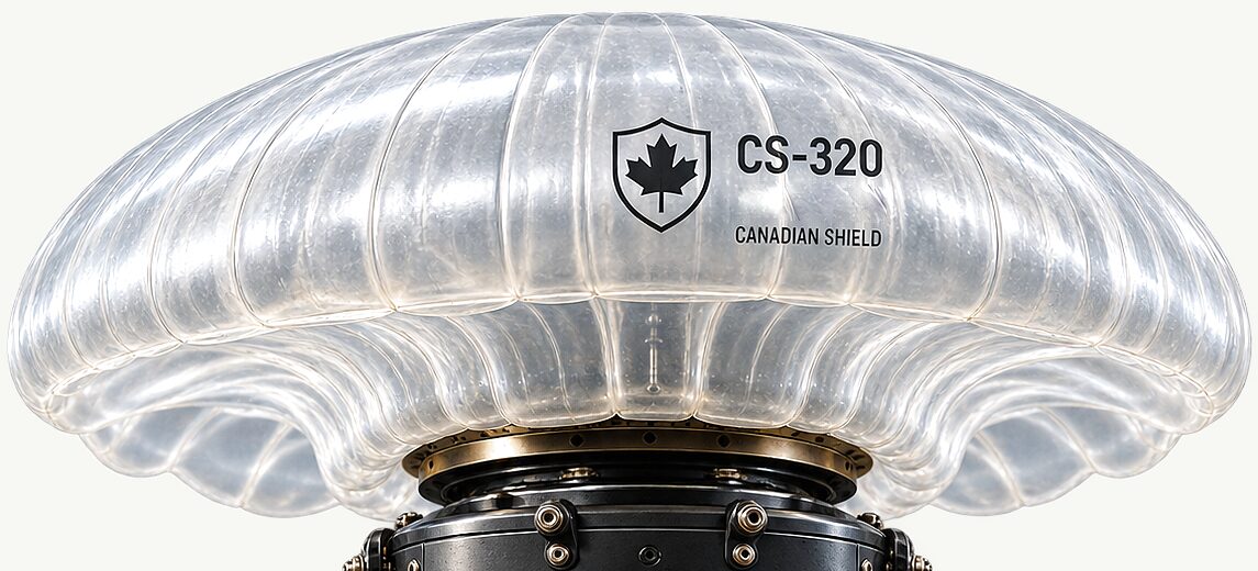 The CS-320 bell close in on a clear ground: ribbed, translucent and flared, over the bolted collar that joins it to the core.