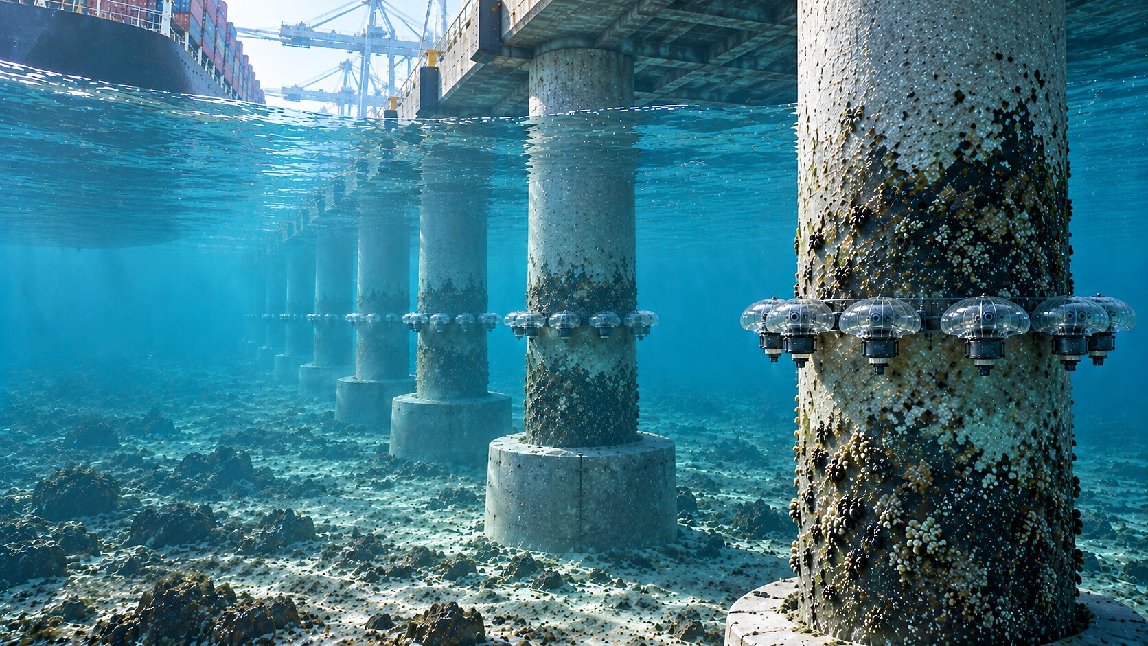 Under a pier, a row of concrete piles crusted with growth, each ringed at the same depth by a collar of CS-320s holding station around it, with the hull of a container ship and the quay cranes above the surface at the upper left.