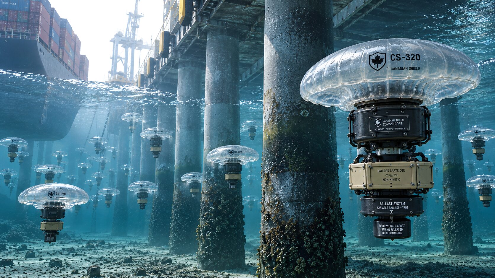 A CS-320 close in under a berth: the ribbed translucent bell over the core module, the payload cartridge, the ballast section and the drop weight, with more of them among the piled columns behind.