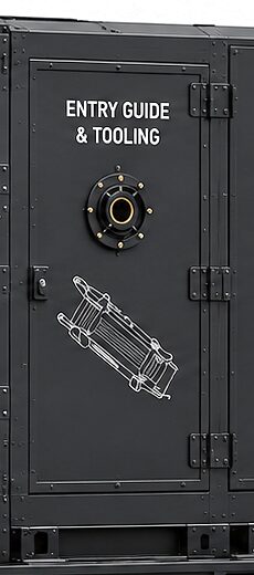The entry guide and tooling bay of the CS-411 plant: a circular bulkhead port with a bolted flange on a black panel, above a line drawing of the entry tooling.
