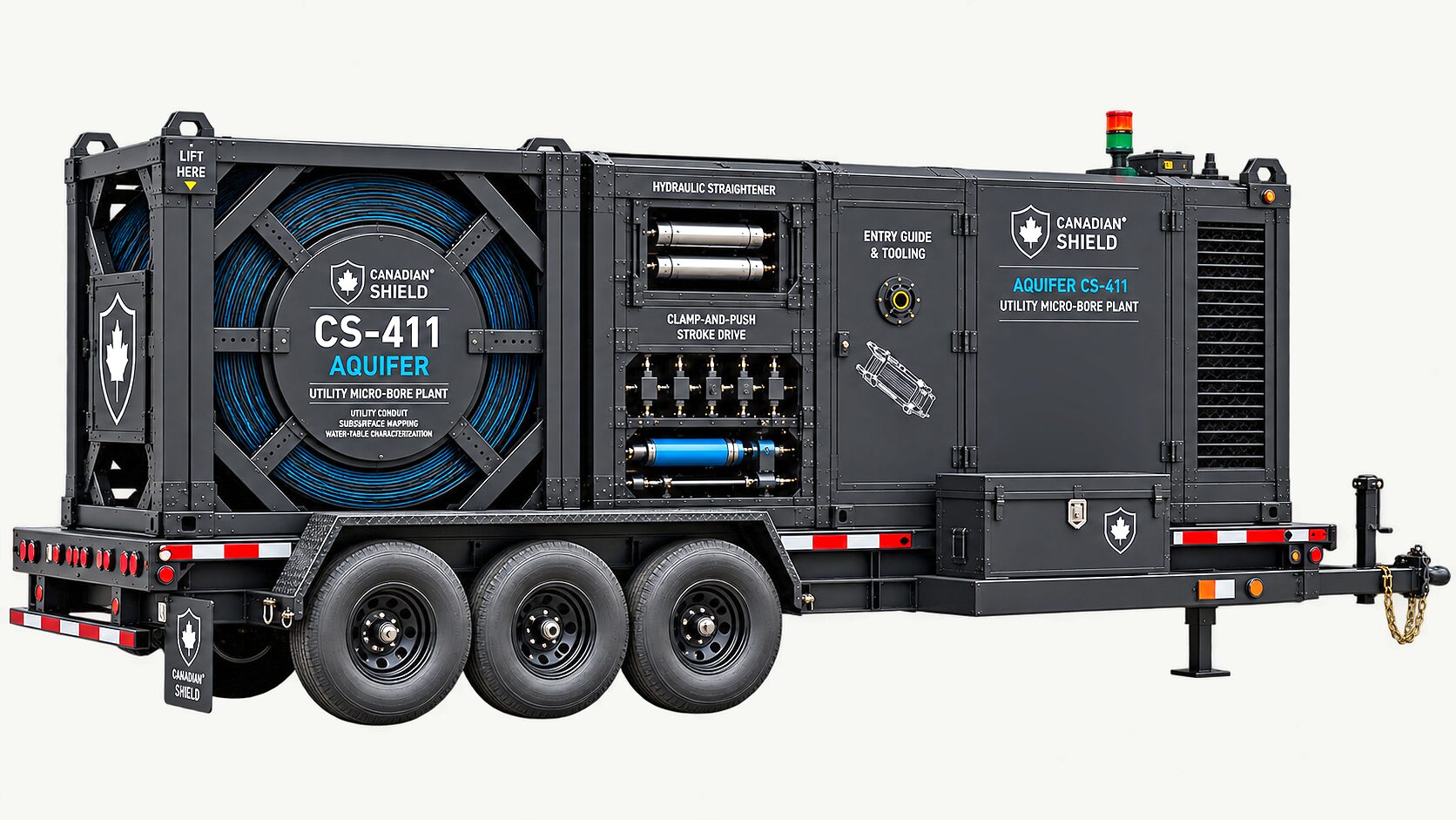 Aquifer CS-411 on a tri-axle road trailer: the coiled tubing wound in its lifting frame at the near end, the straightener and stroke-drive bays in the middle, and the entry guide and tooling bay beyond, with a stack beacon and roof fittings above the far end.