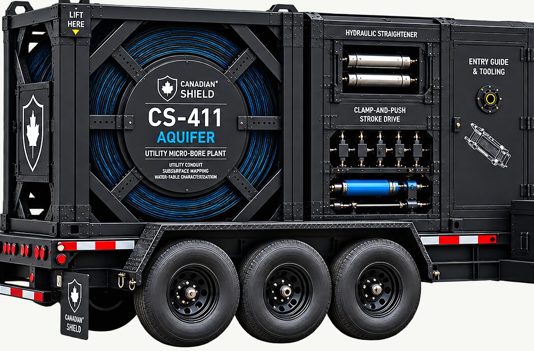 The Aquifer CS-411 plant on its trailer: the coiled-tubing reel in its cage behind a shield-marked hub plate, the hydraulic straightener and the clamp-and-push stroke drive along the deck.