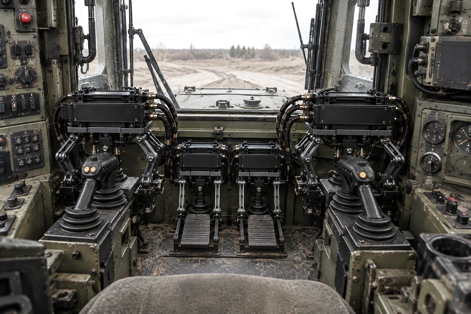 The CDNS Autonomy unit in the seat of an armoured engineering vehicle: joystick and pedal actuators on the machine's own controls, the hull and rutted ground ahead.