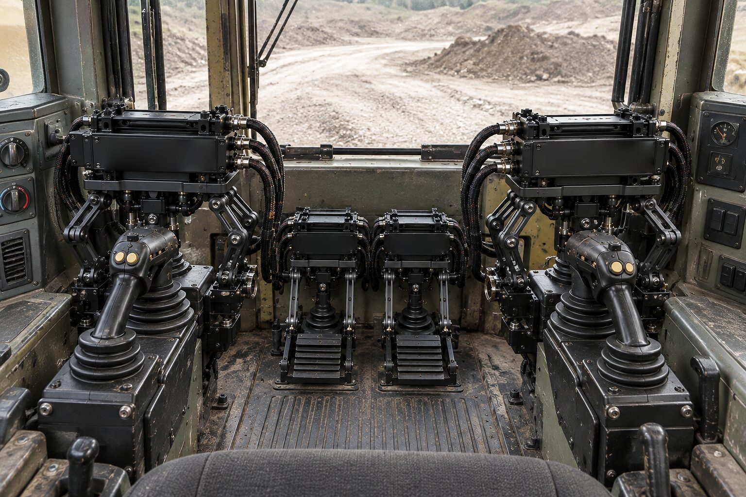 The unit in the seat of an excavator: joystick and pedal actuators on the machine's own controls, the site and a haul road through the windscreen.