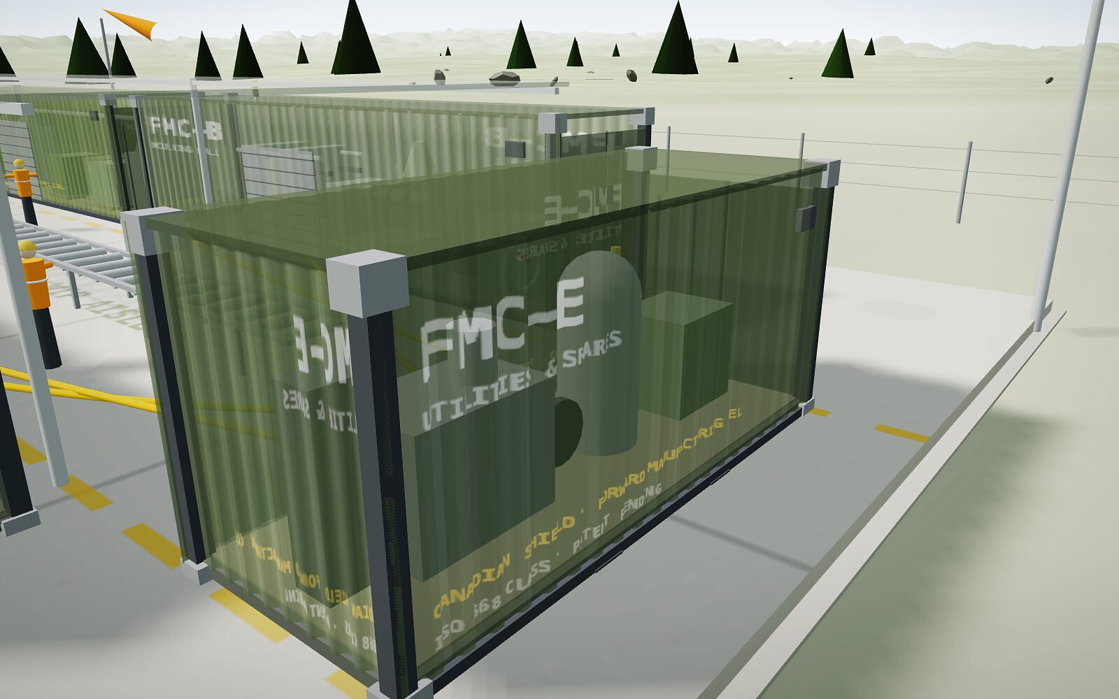 FMC-E, the utilities and spares box, with its walls dropped in the 3D model, the pad and the fence line around it.