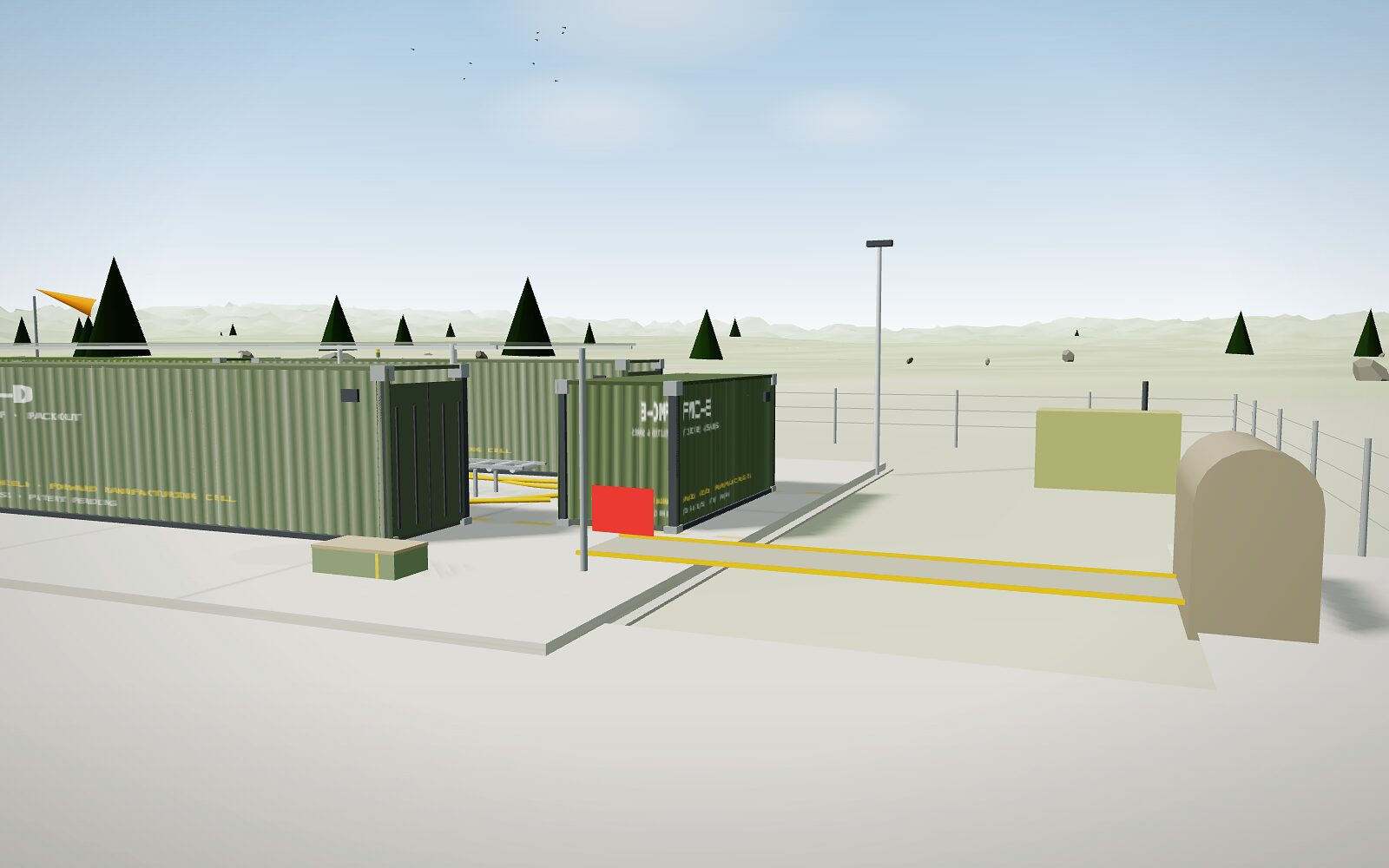 The proof end of the Forward Manufacturing Cell's pad from its 3D model: the FMC-D container and the utilities box under an open sky.