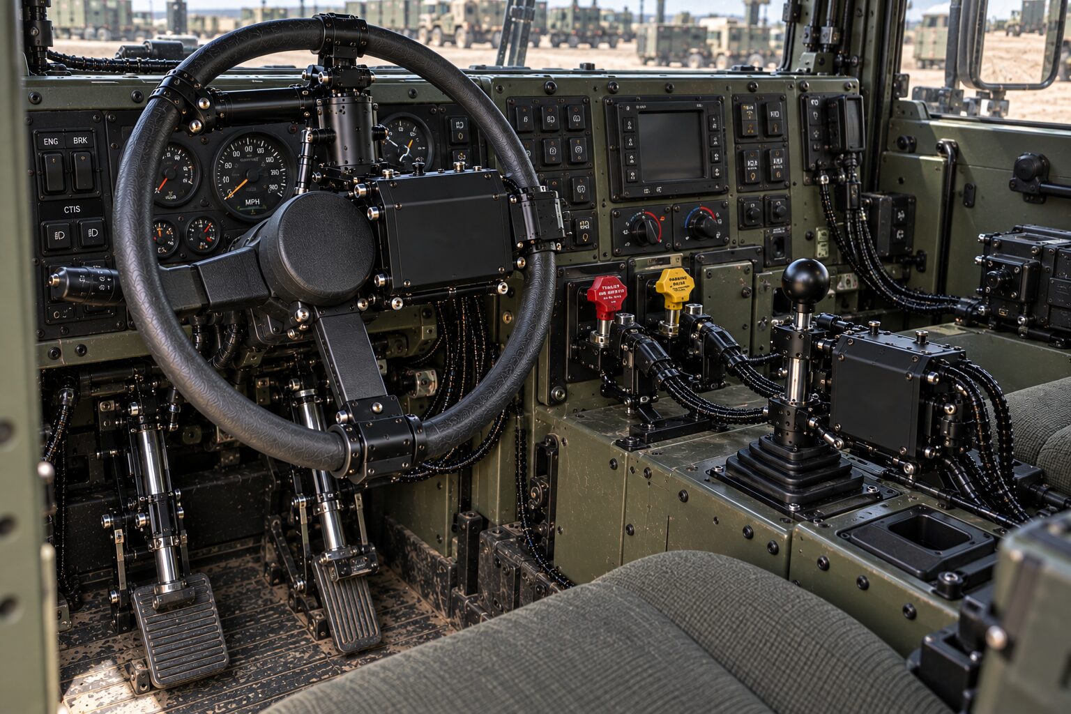 The CDNS Autonomy unit on the steering wheel, the pedals and the gear levers of a military truck cab, a vehicle park beyond the windscreen.
