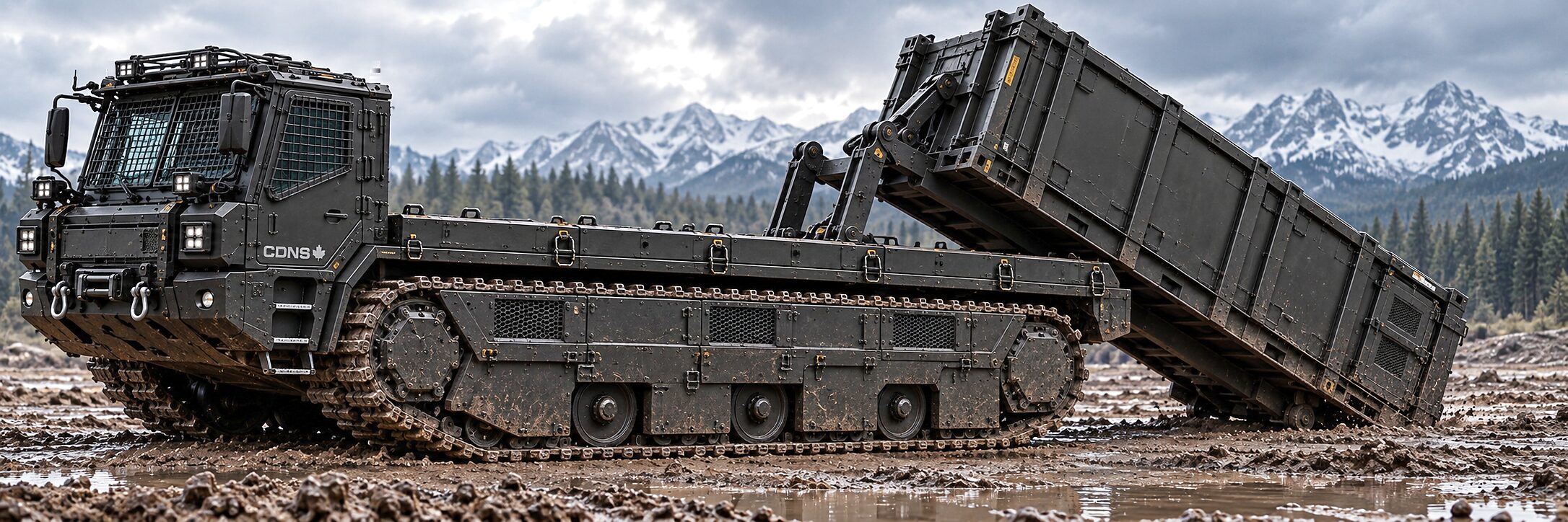 The machine standing in cut track marks and shallow water, its deck tilted back, an unmarked container part way down the rails, spruce and snow-covered ridges beyond.