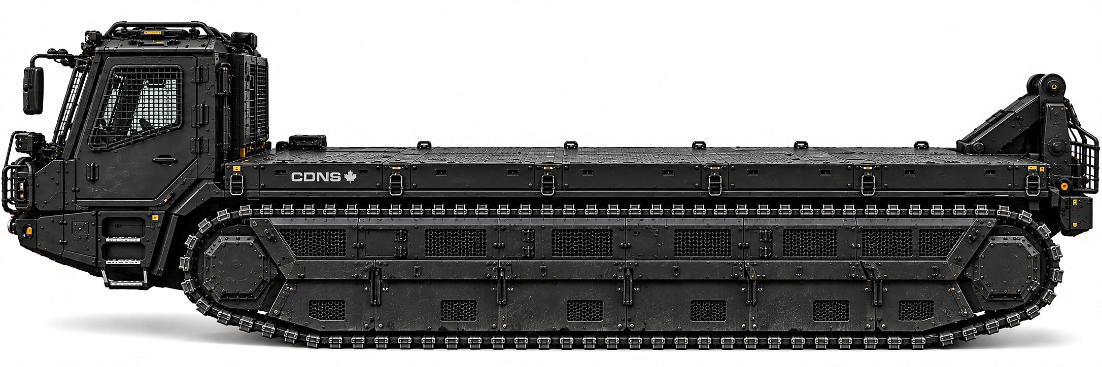 KAOS Core in left side elevation: two tracks, the hull between them with mesh vents and hinged access panels, a flat deck running the length of the machine, and a folded arm at the tail.