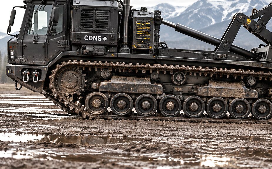The carrier from the left in wet, cut-up ground: a glazed cab, the power module behind it, the lift arm rising out of the frame to the right, and the running gear sunk in mud, with spruce and snow-covered mountains behind.