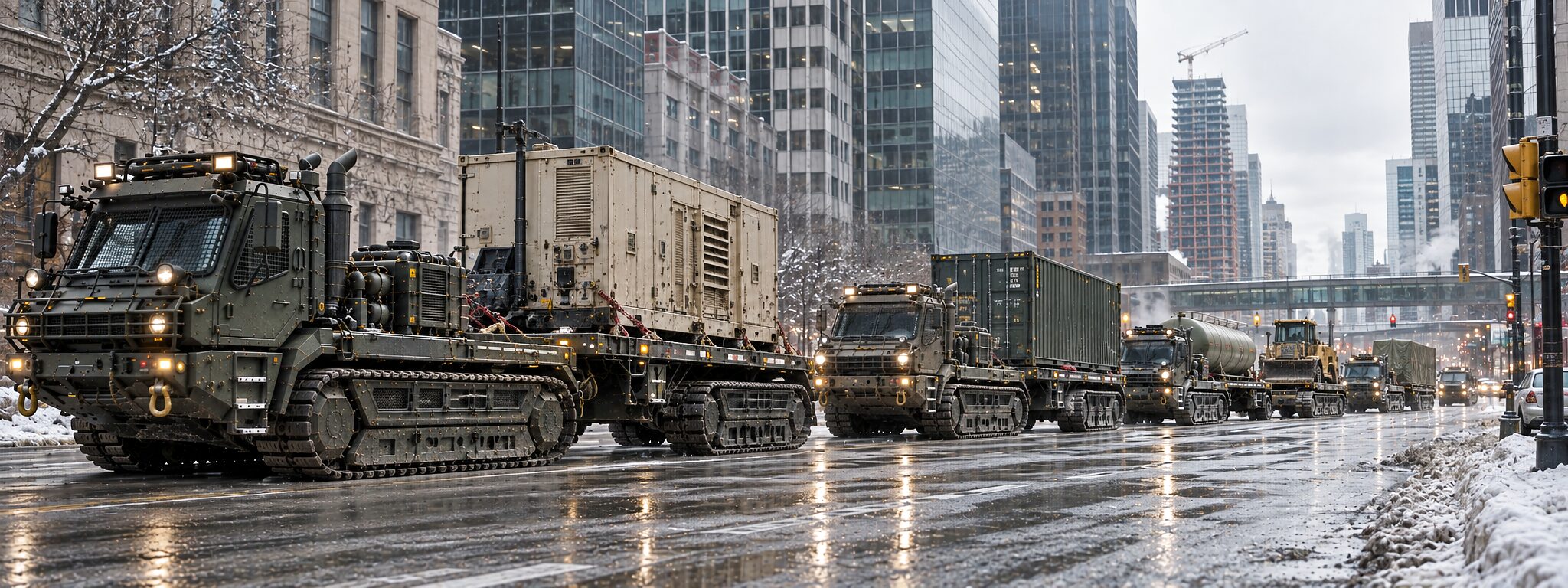 A column of olive tracked carriers on a wet city street in winter, carrying a generator package, a container and a tank module, with office towers, a construction crane and a pedestrian bridge behind.