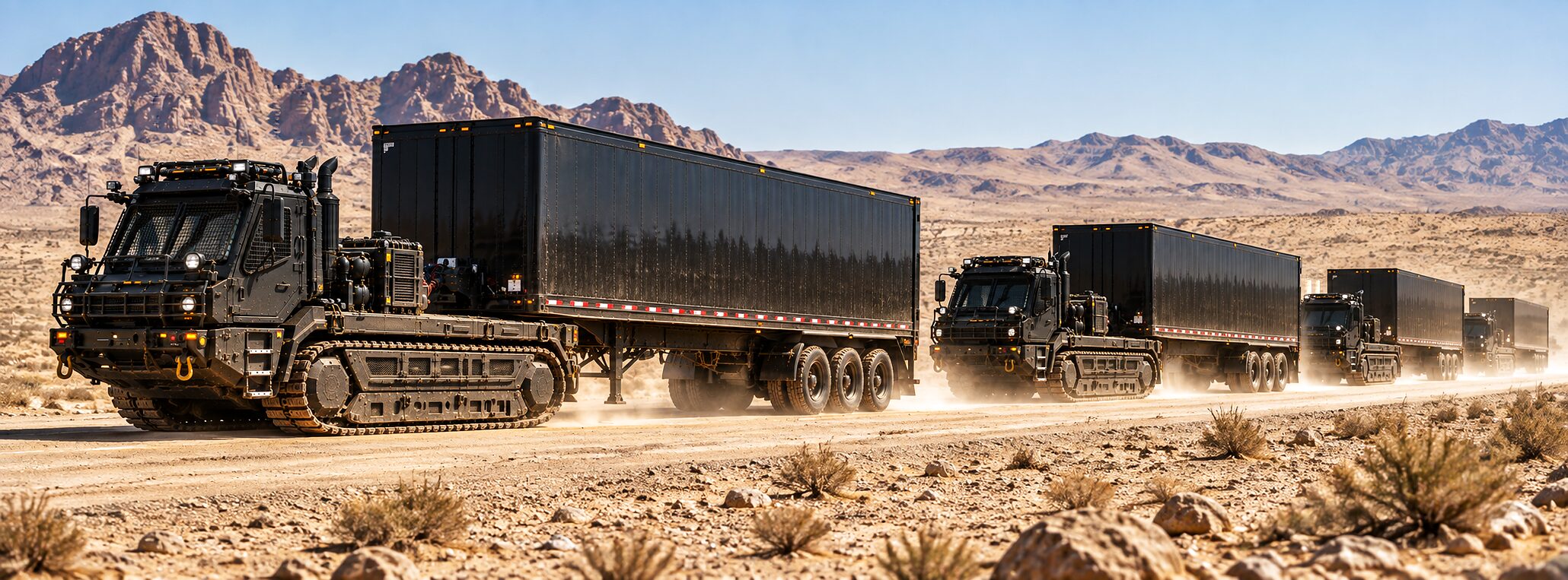 Tracked tractors under container semi-trailers on a dry graded track through desert ground, dust drawn out behind them, red rock ridges beyond.
