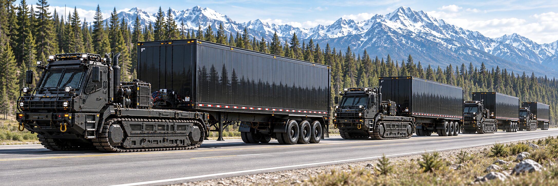 Tracked tractors with van semi-trailers on a two-lane highway in bright daylight, conifer forest and a snow-capped range beyond.