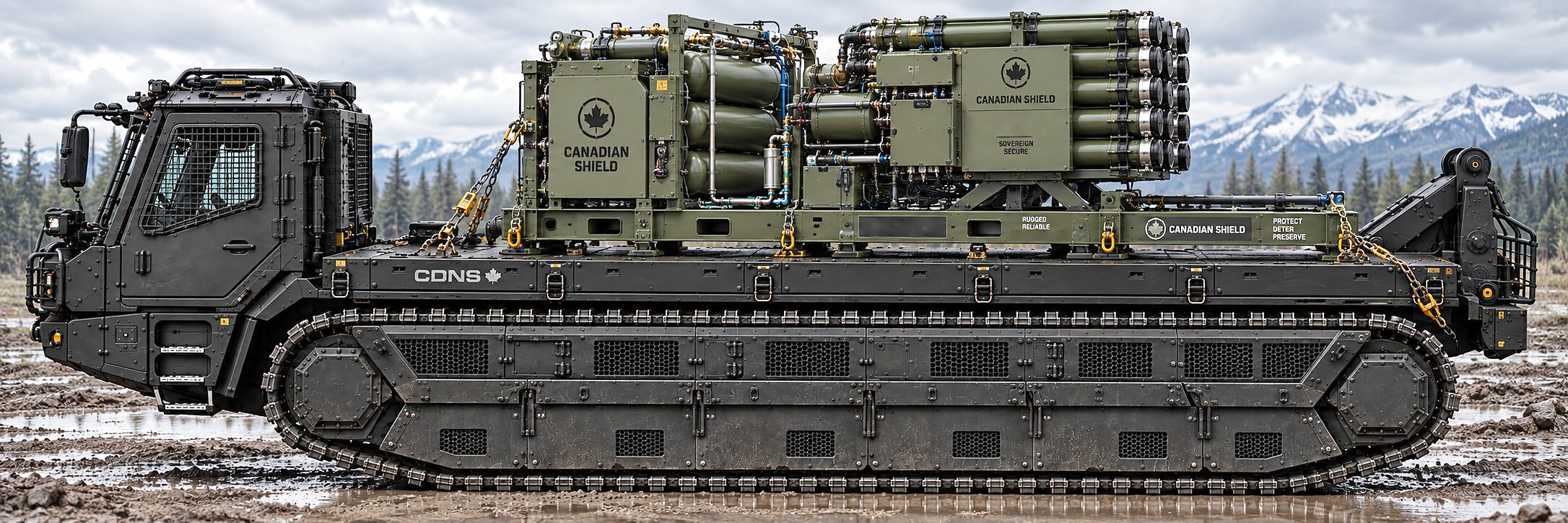 The CDNS KAOS carrier in soft ground carrying an olive-green Goose launch module on its deck — a bank of launch tubes, pressure vessels and a control cabinet in a lifting frame, chained at the corners — with a wet treeline and mountains behind.