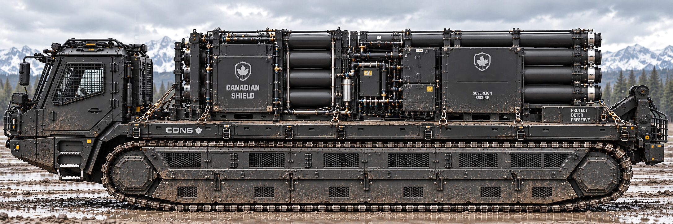The carrier standing in wet, cut-up ground with a Goose launch module chained on its deck — the tube bank, the pressure vessels and the control cabinet under the Canadian Shield mark — dark conifers and snow peaks behind.