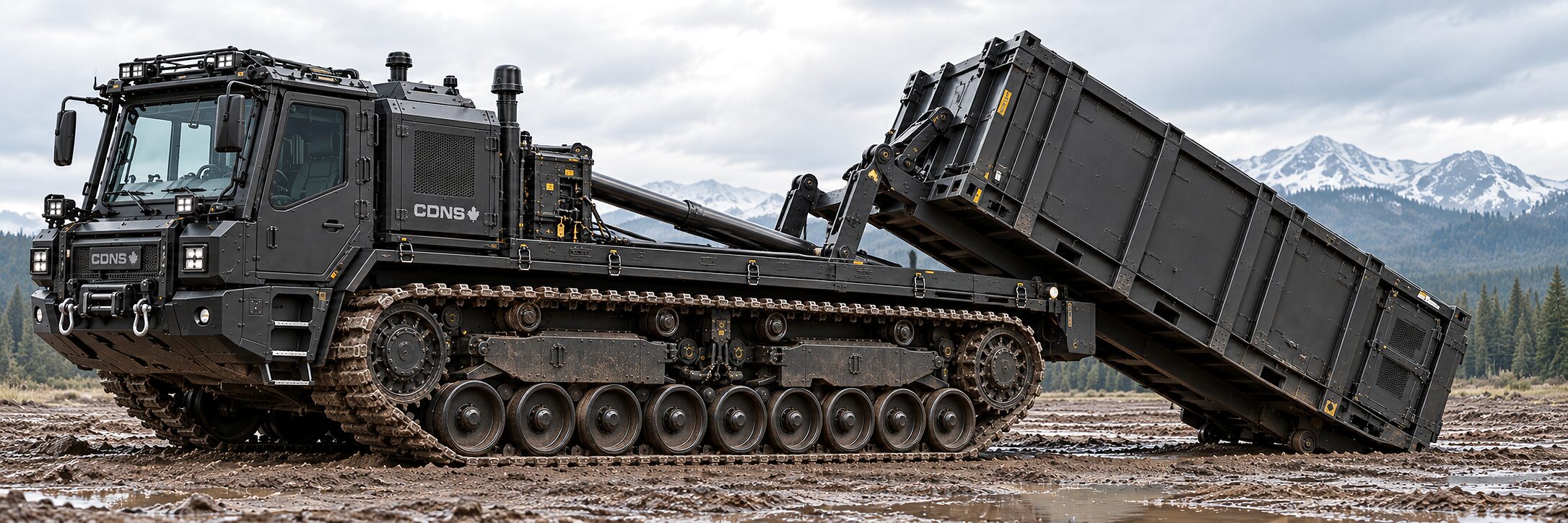 A tracked work platform standing in churned mud and standing water, a container tilted off the back of its deck on a lifting arm, dark spruce and snow-covered mountains behind.
