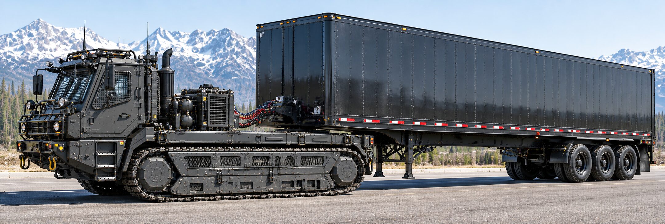 A tracked tractor coupled to a long van semi-trailer on a paved apron, a snow-covered range behind.