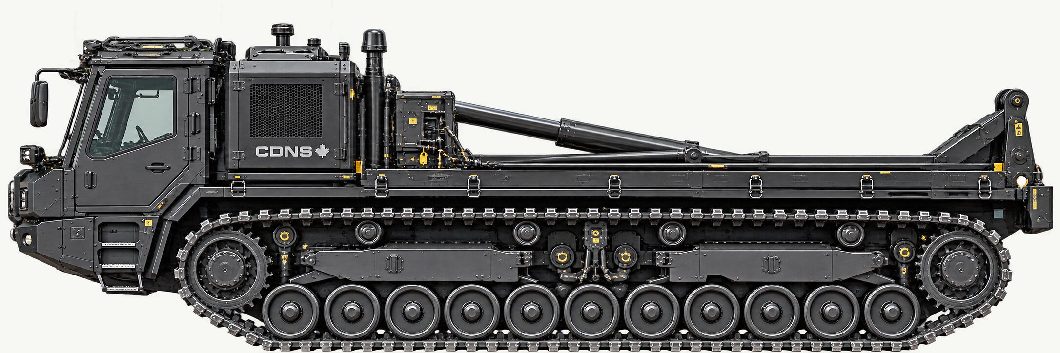 Left side elevation of the tracked carrier in travel position: the deck level and stowed, the lift arm folded flat along it, the power module and exhaust standing behind the cab.
