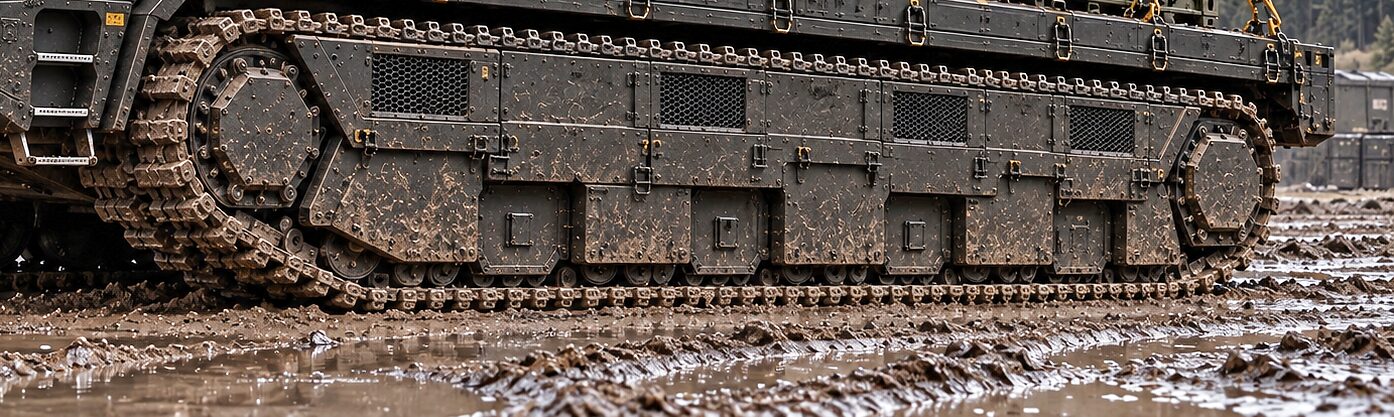 The hull and one running-gear cartridge of the carrier in soft ground: the octagonal hub covers at each end of the track run, mesh vents and hinged panels along the tub, mud on the shoes and standing water below, and tie-down chains from a load on the deck above.