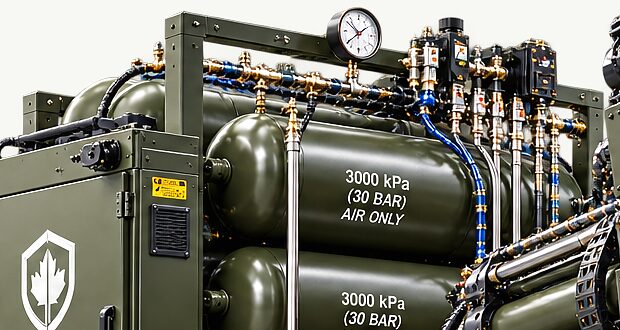 The air receivers of a launch platform lying in their frame behind a brass manifold, a mechanical pressure gauge above them, a slim upright rod standing at the deck and the control cabinet alongside.