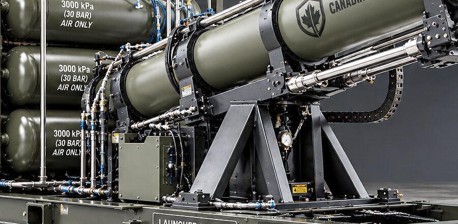 The elevating cradle's ram and cable chain under the launcher tube, with the air receiver bank behind them.