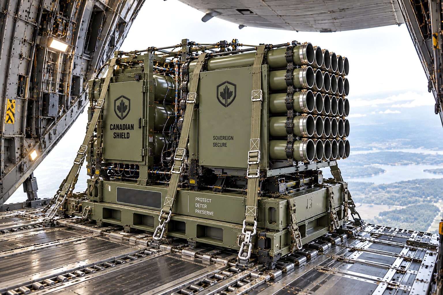 The launch platform strapped down on pallets on the roller floor of a cargo aircraft's hold, its tube array facing the open rear ramp, with lakes and forest far below.