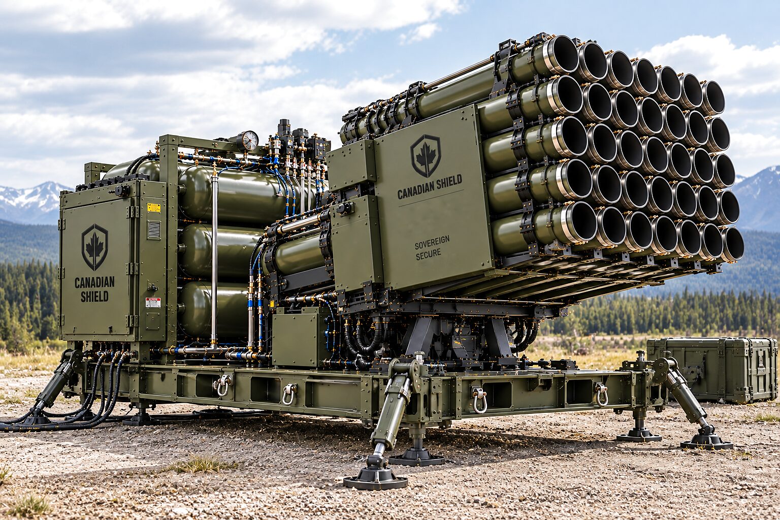 The thirty-two tube launcher standing on its levelling jacks on open gravel, the tube array raised, the air receivers and hose runs along its frame, forest and mountains behind.