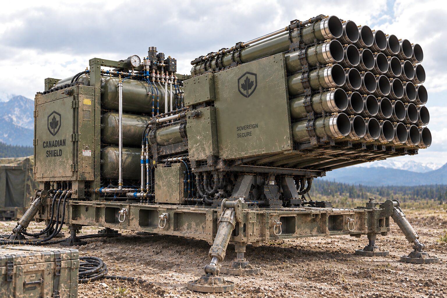 A launch platform standing on its jacks on open gravel, its tube array raised and the air bank and cabinet behind it, a field shelter to one side and a snow-capped range beyond.