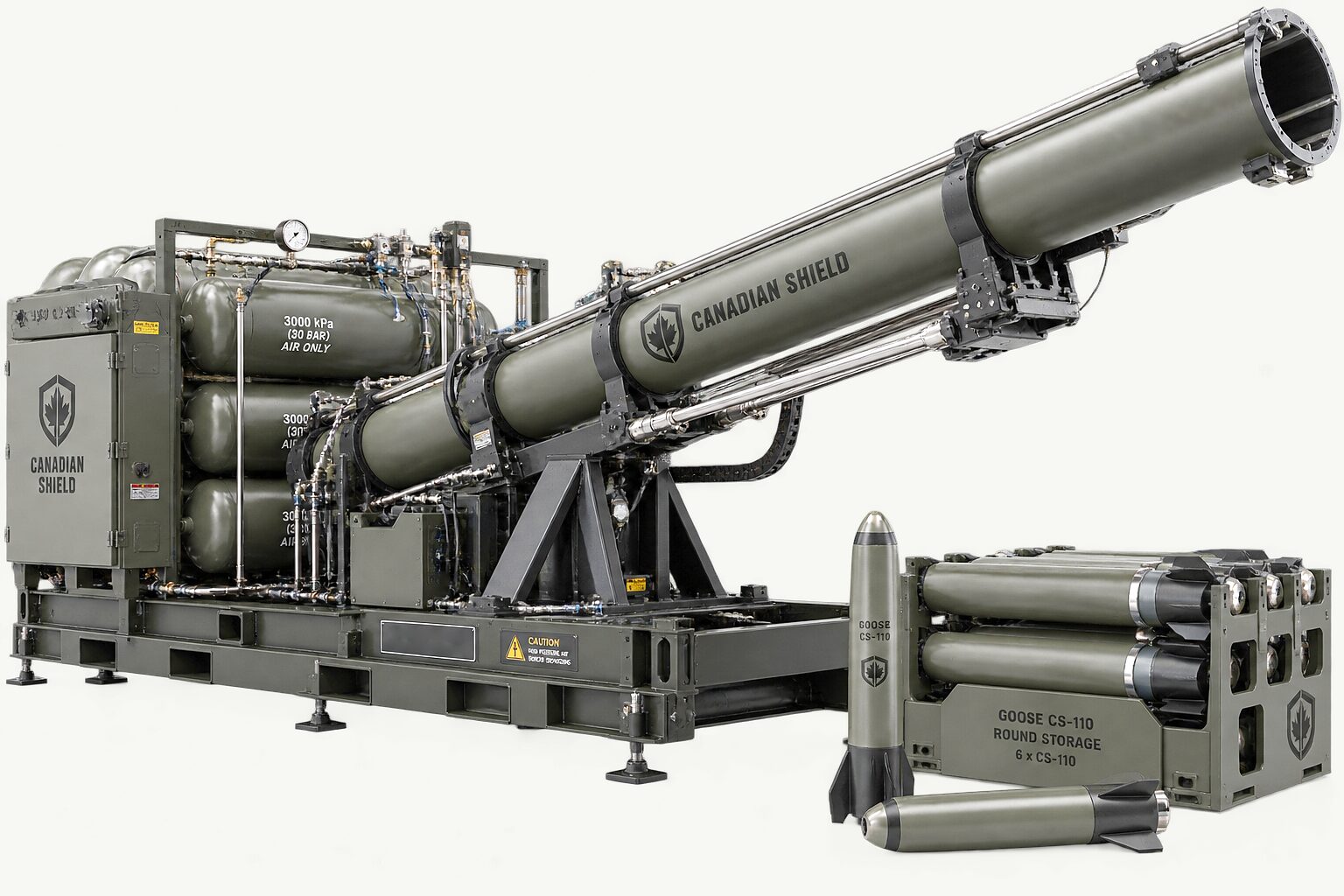 The single-tube launcher on its skid frame beside a separate storage rack of Goose CS-110 rounds, on a plain ground.