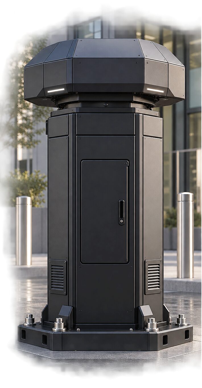 The pedestal mount at rest in a paved plaza outside a glazed building: the armour closed into a faceted head above a louvred cabinet on an octagonal base plate, with bollards, planters and trees around it.