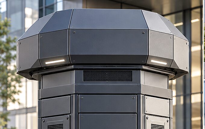 The pedestal mount's head with its armour closed: a faceted cover over the slewing head, its status strips lit, above the louvred cabinet, with a glazed building behind.