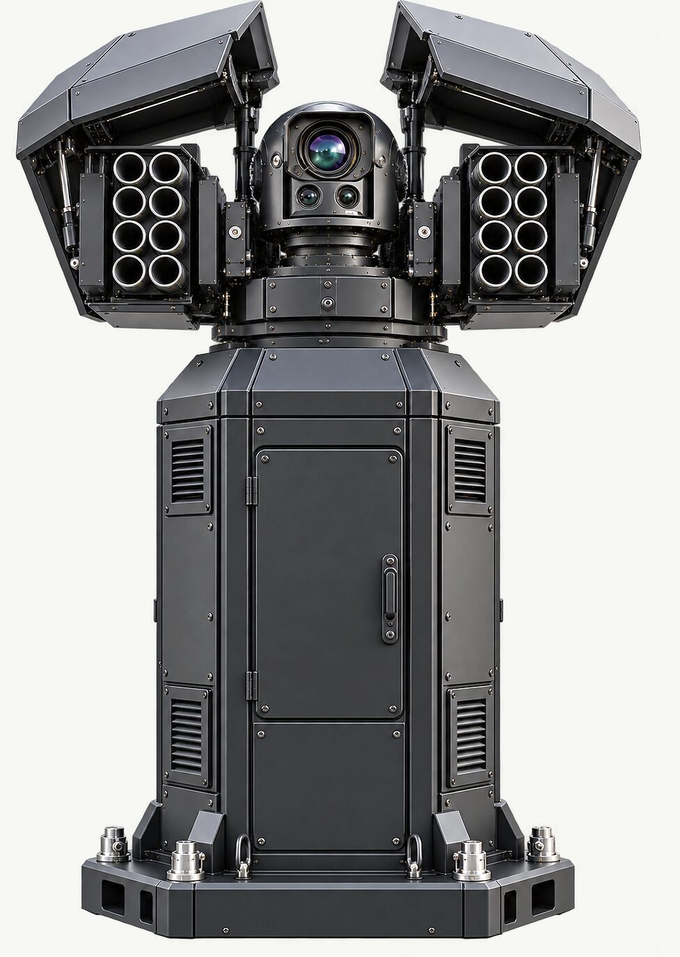 The pedestal mount deployed: two armoured doors raised on struts either side of a gimballed multi-window sensor ball, each door carrying a pod of eight tubes in four rows of two, above a faceted louvred cabinet on an octagonal base plate.