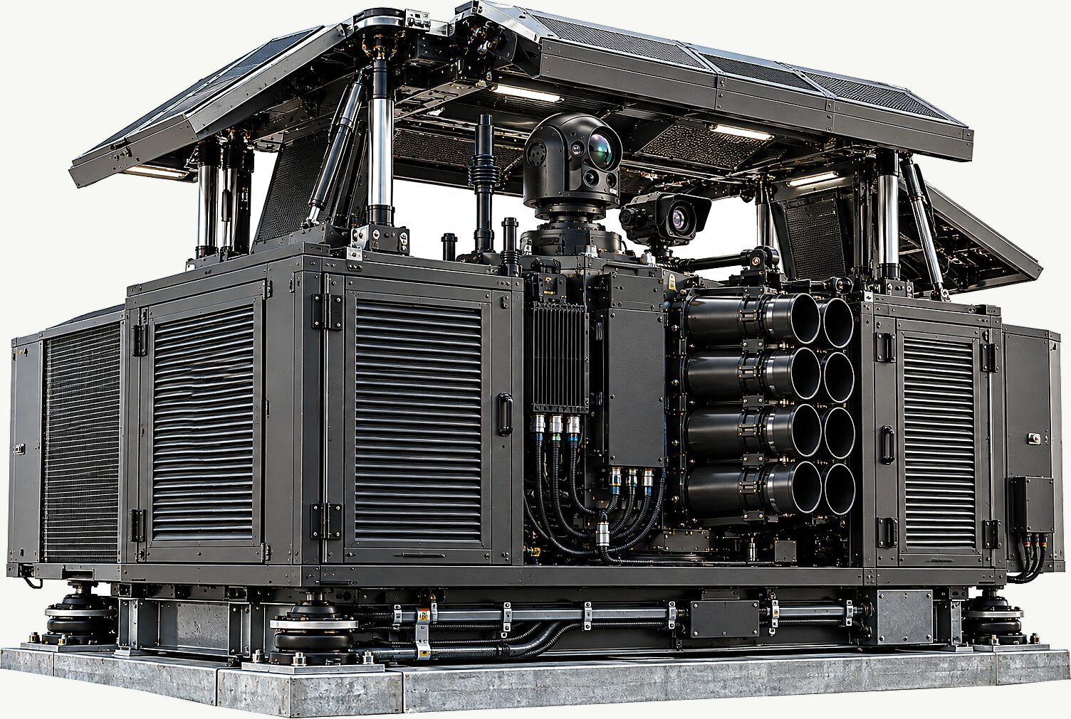 The roof mount deployed on a plain white ground: an enclosure the proportions of a rooftop package unit, louvred along both long sides and standing on four isolator mounts over a concrete pad, its roof panels raised on struts to open the head, with a gimballed sensor ball, a second camera and banked launch tubes inside.