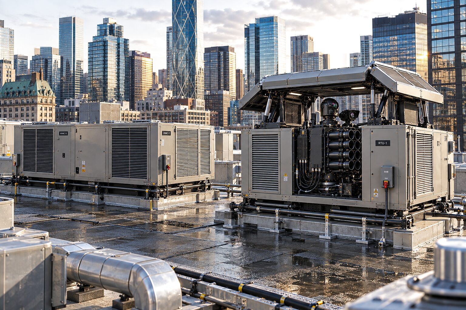 A roof mount deployed among the rooftop plant of a city building at sunset: the enclosure's panels raised and the head open, standing on its isolator mounts beside grey packaged units and pipework, with a downtown skyline behind.