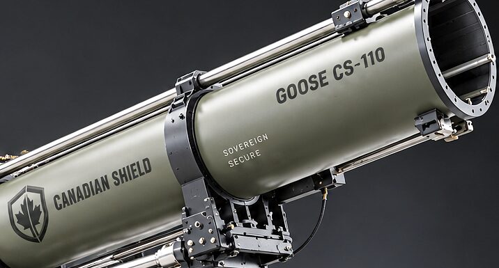 The elevated tube of a launch platform lettered GOOSE CS-110, its trunnion and cradle hardware below it and the open muzzle at the far end.