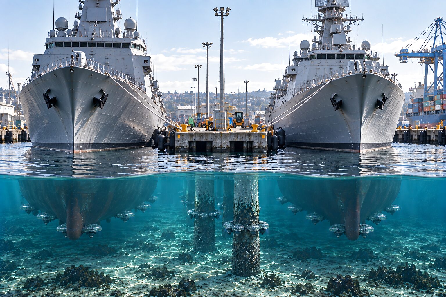 Two grey hulls bow-on at a berth, a concrete pier head with bollards and fenders between them, container cranes and a container ship beyond and a hillside town behind; below the waterline, the piles crusted with growth and rings of CS-320 creepers holding station around the piles and beneath the two hulls, over a rocky seabed.