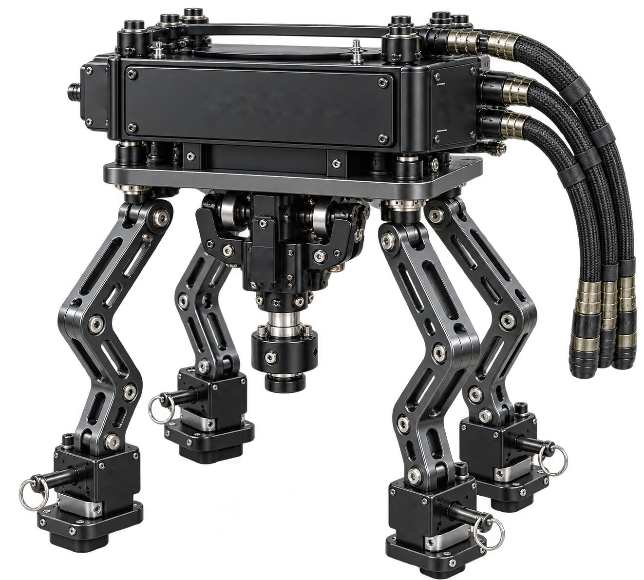 The CDNS Autonomy unit on a white ground: the sealed hub module with its braided lines leaving it, the wrist block beneath it, and four articulated arms running down to an actuator head with a steel pull pin and ring at the foot of each.