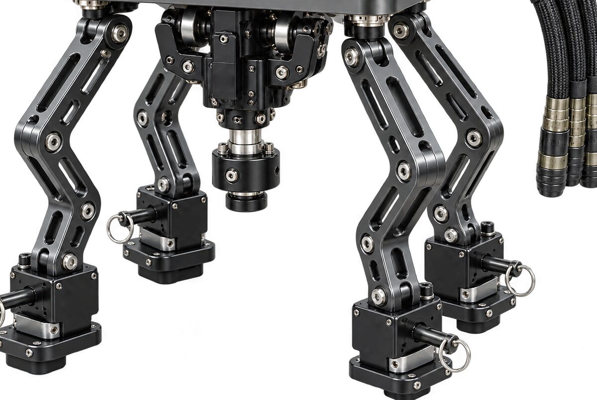 The articulated assembly of a CDNS Autonomy unit below its mounting plate: a wrist block at the centre, four arms running down from it, and an actuator head with a steel pull pin and ring at the foot of each.